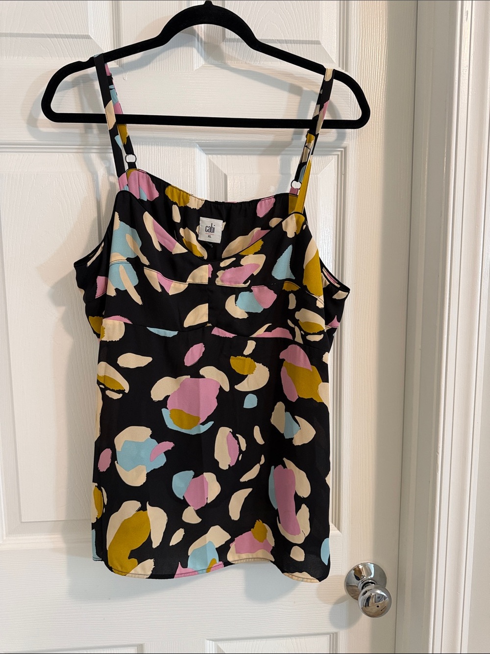 CAbi Black Abstract Floral Spaghetti Strap Tank with Pink, Blue, Mustard Accents